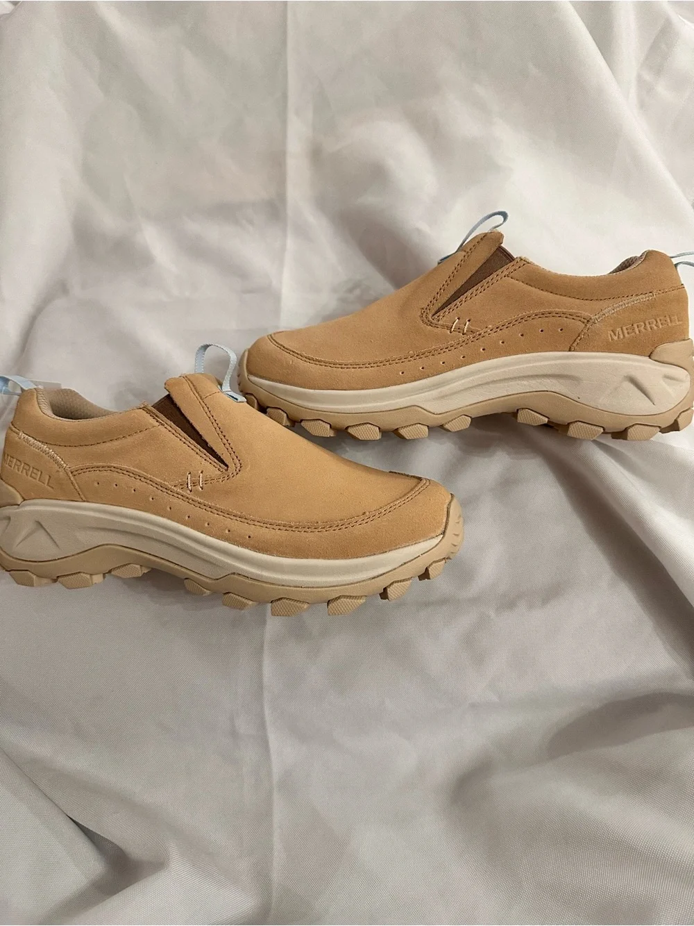 Merrell Women's Slip-On Sneakers in Tan with Light Blue Pull Tabs